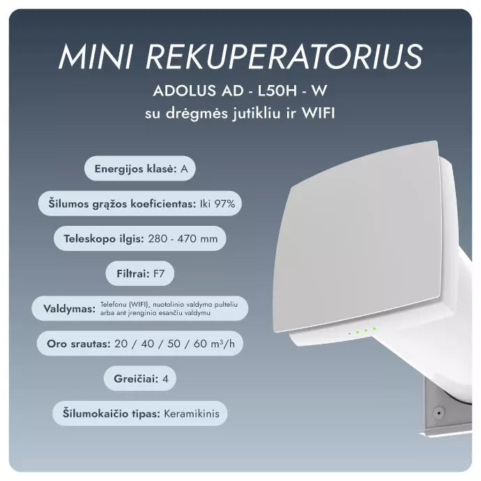 Mini rekuperatorius Adolus AD - L50H - W su drėgmės jutikliu ir WIFI